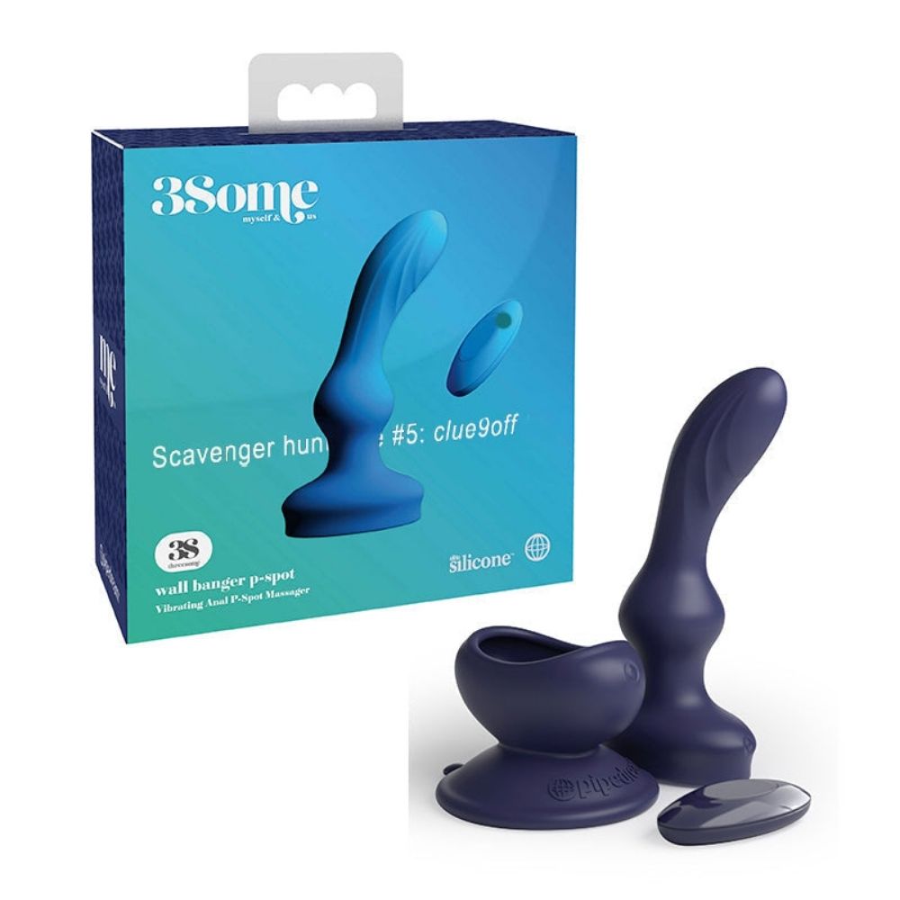 3Some P-Spot Wall Banger standing upright beside the suction cup base and remote control it comes with, in front of the box it comes in