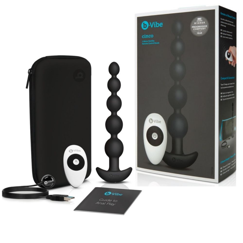 B-Vibe Cinco Beads box and all of its contents, including the toy, remote, charging cable, travel bag and user guide