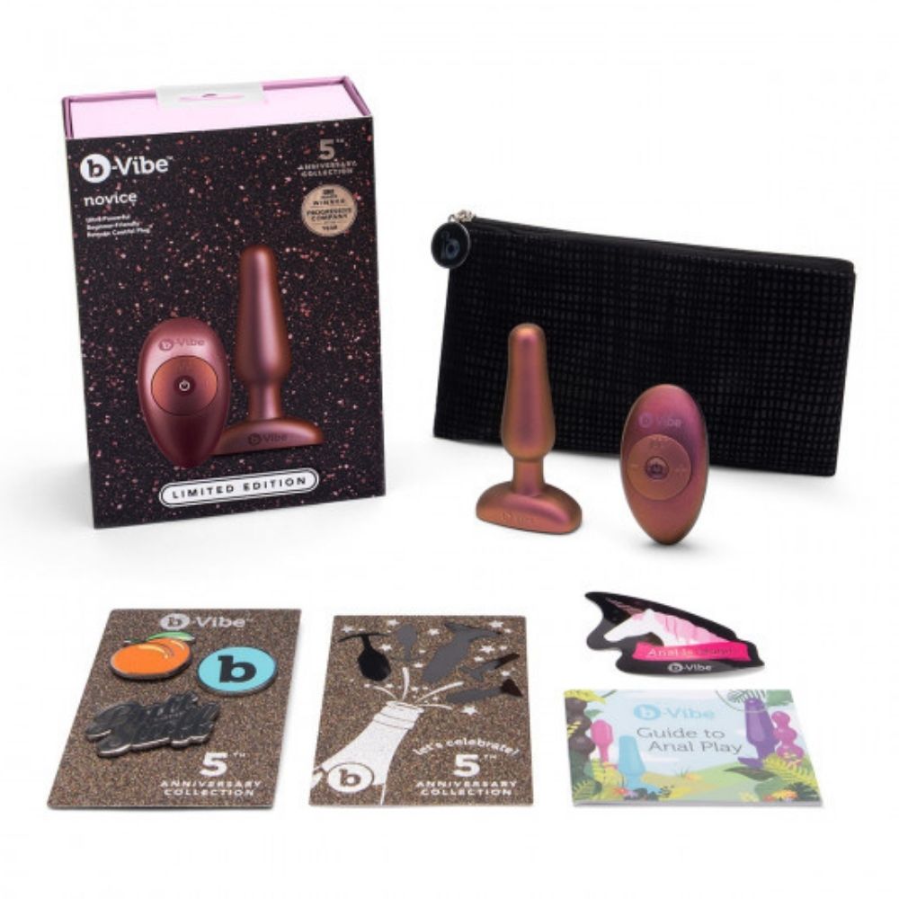 All the contents of the B-Vibe Novice Plug - Limited Edition Galaxy Plum box, such as the plug, remote, travel bag, pins and user guide