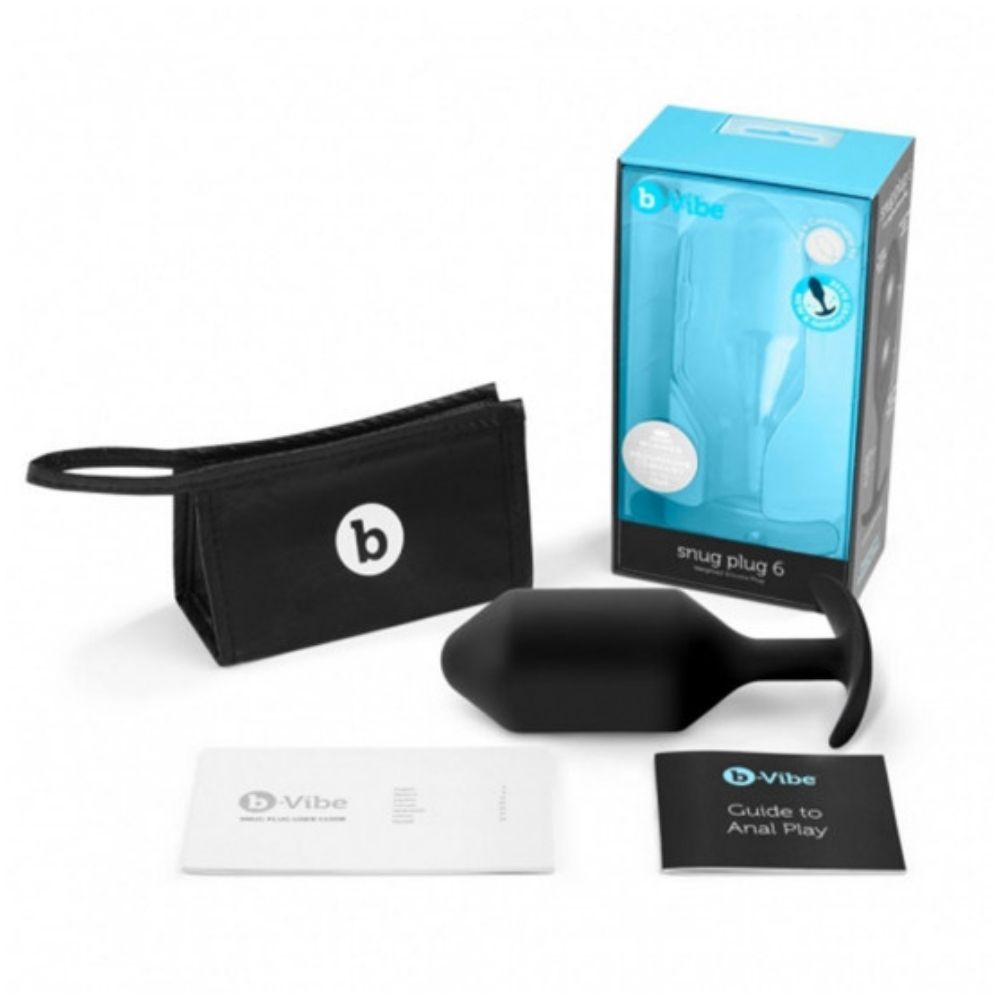 B-Vibe Snug Plug XL - XXXL box and its contents, including the plug, travel bag and user guide