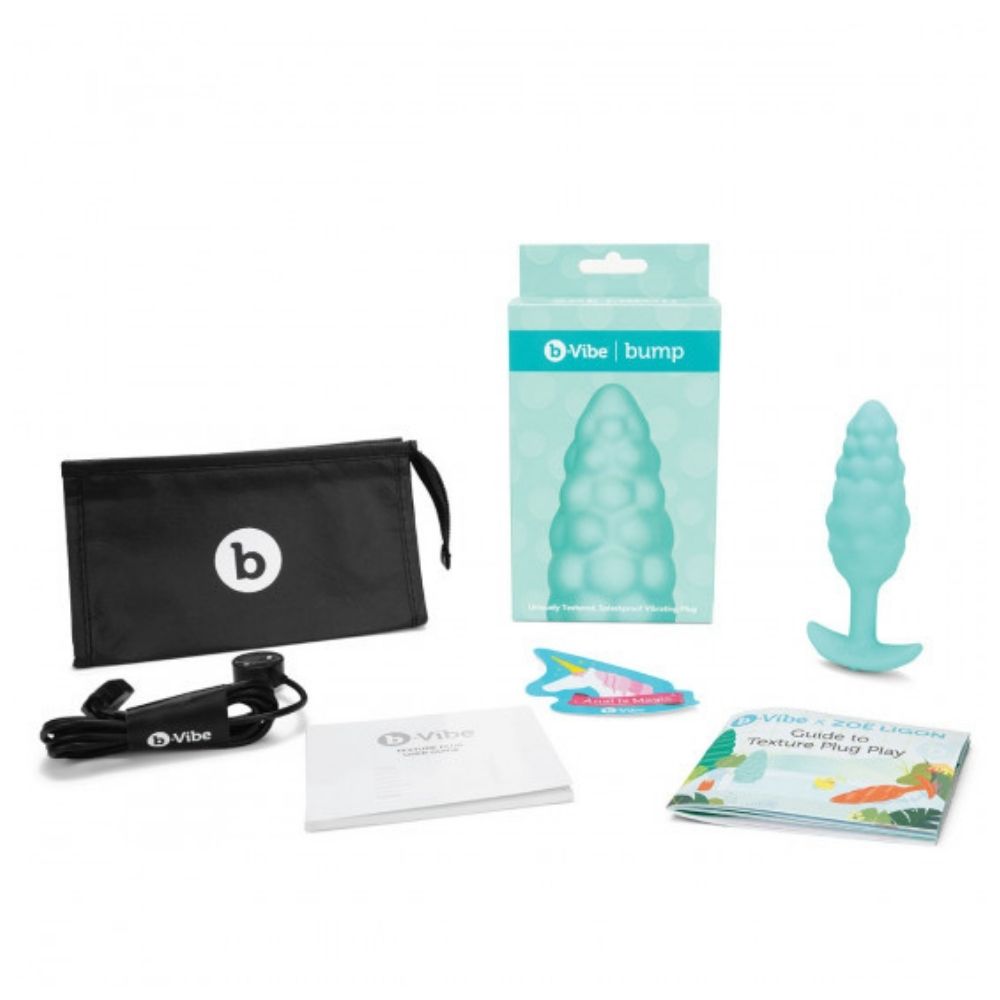 B-Vibe Texture Plug Bump Aqua (Small) box and its contents including the plug, charger, travel bag, sticker and user guide