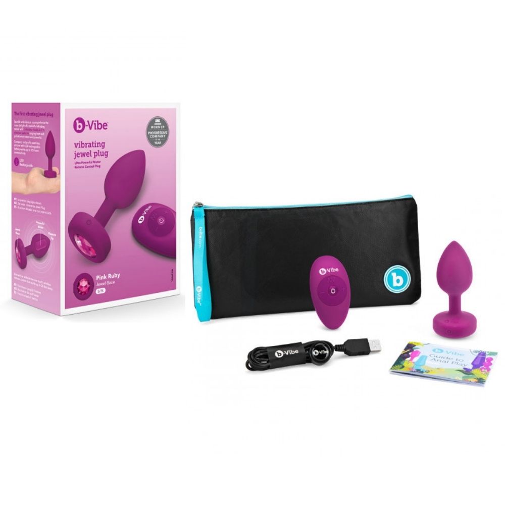 Fuchsia B-Vibe Vibrating Jewel Plug Small/Medium box and all of its contents including the plug, remote control, charger, travel bag and user guide