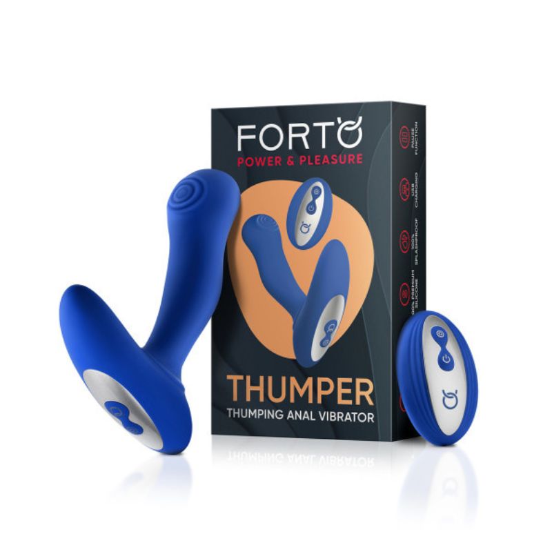 Blue Forto Thumper and its remote control leaning on the box they come in