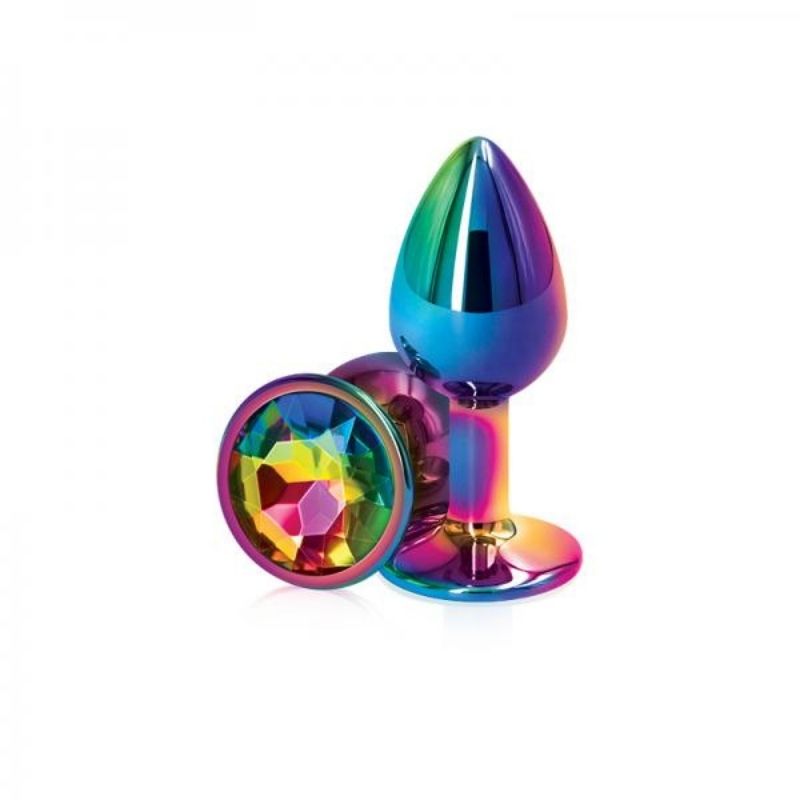 2 Rear Assets Mulitcolor Medium Rainbow plugs, one positioned on side showing the rainbow base, the other standing upright on base