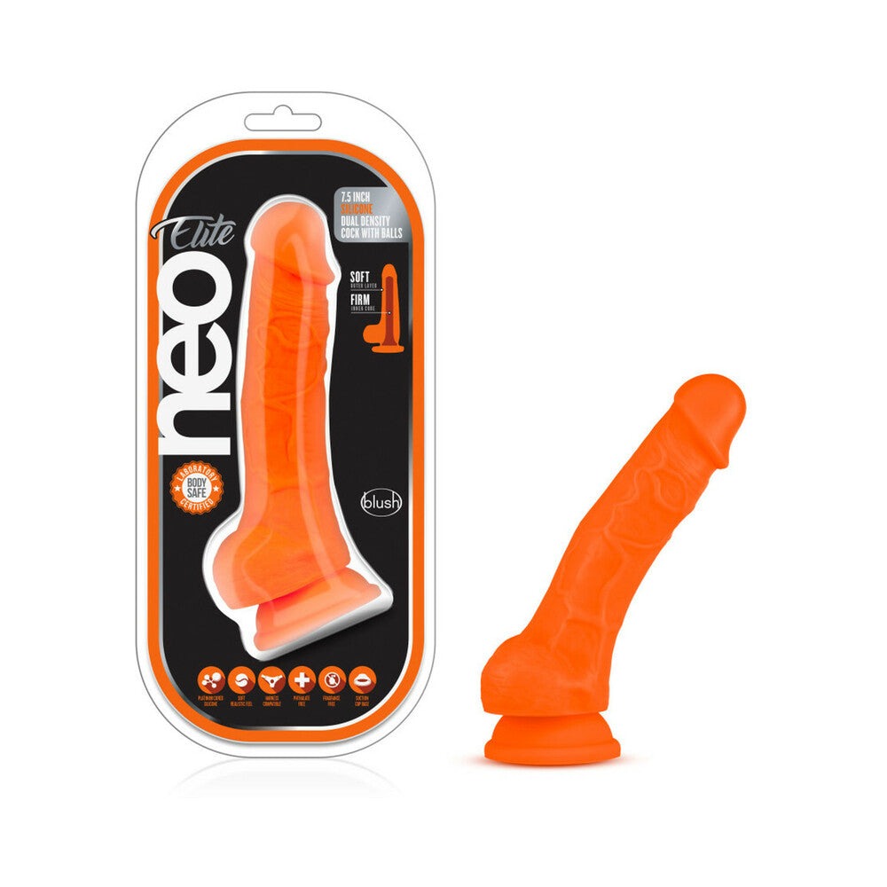 Blush Neo Elite 7.5 in. Dual Density Dildo with Balls-Neon Orange-