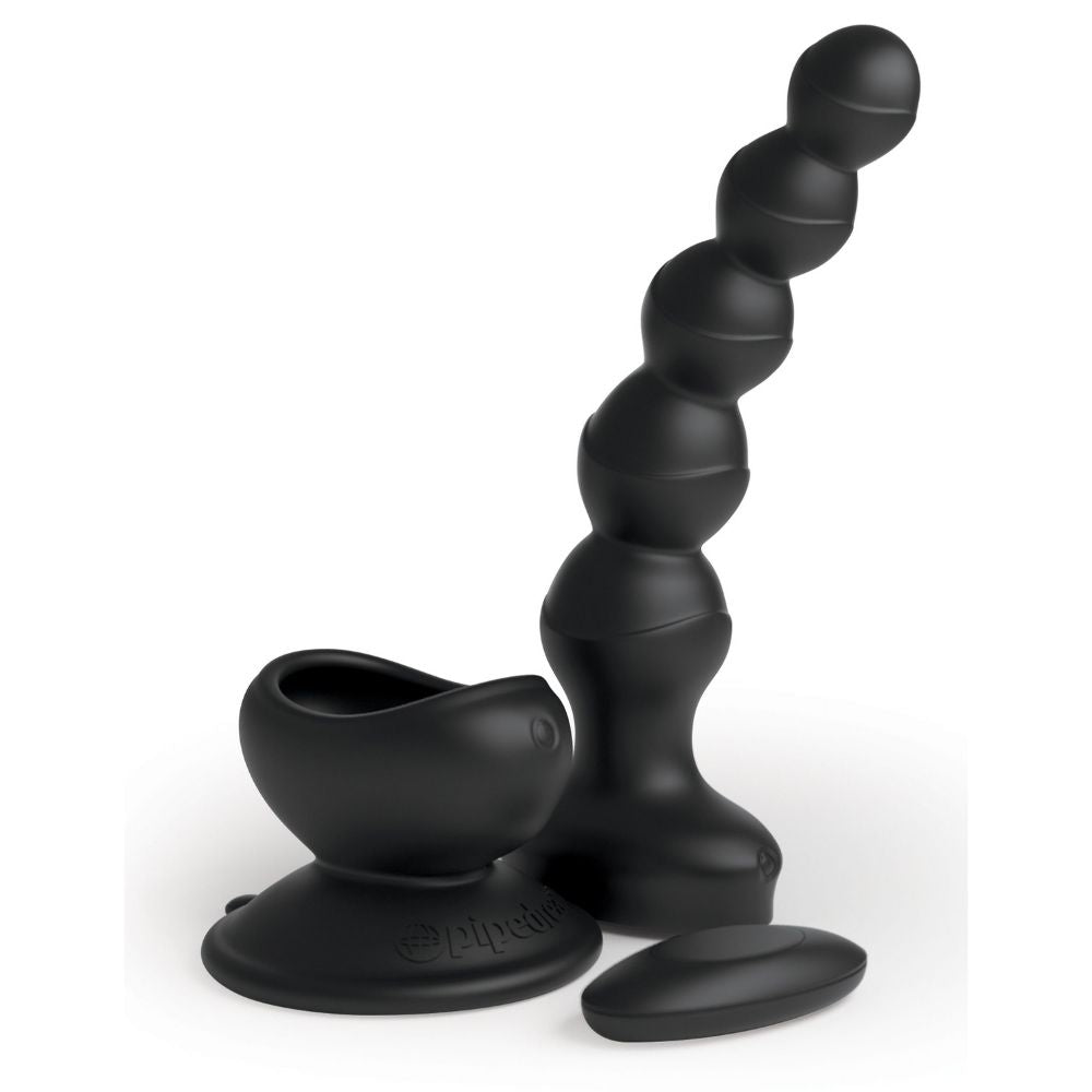 3Some Wall Banger Beads standing upright beside the suction cup base and remote it comes with