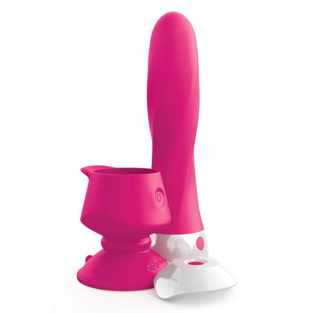 3Some Wall Banger Deluxe standing upright beside the suction cup base and remote it comes with