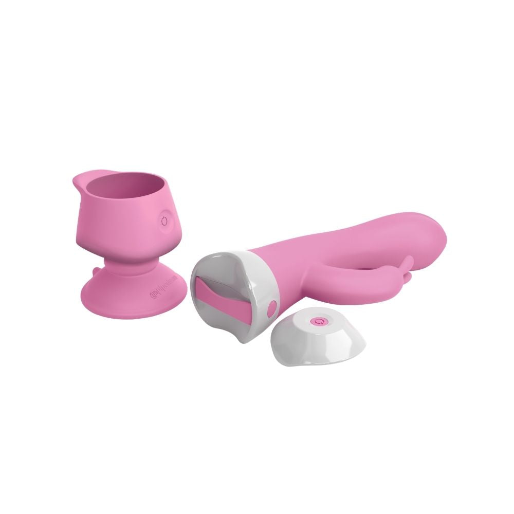 3Some Wall Banger Rabbit  laying flat beside the suction cup base and remote it comes with