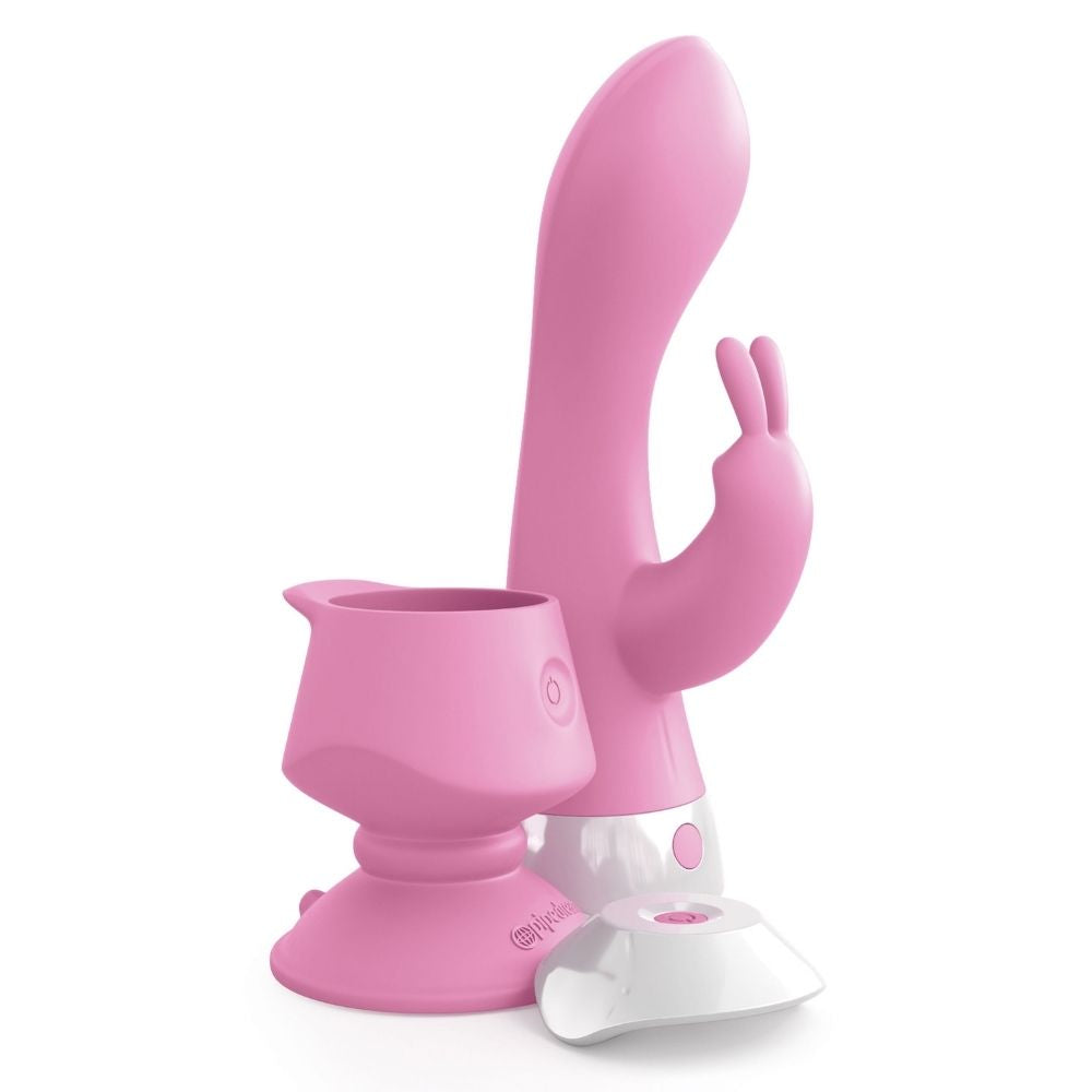 3Some Wall Banger Rabbit standing upright beside the suction cup base and remote it comes with