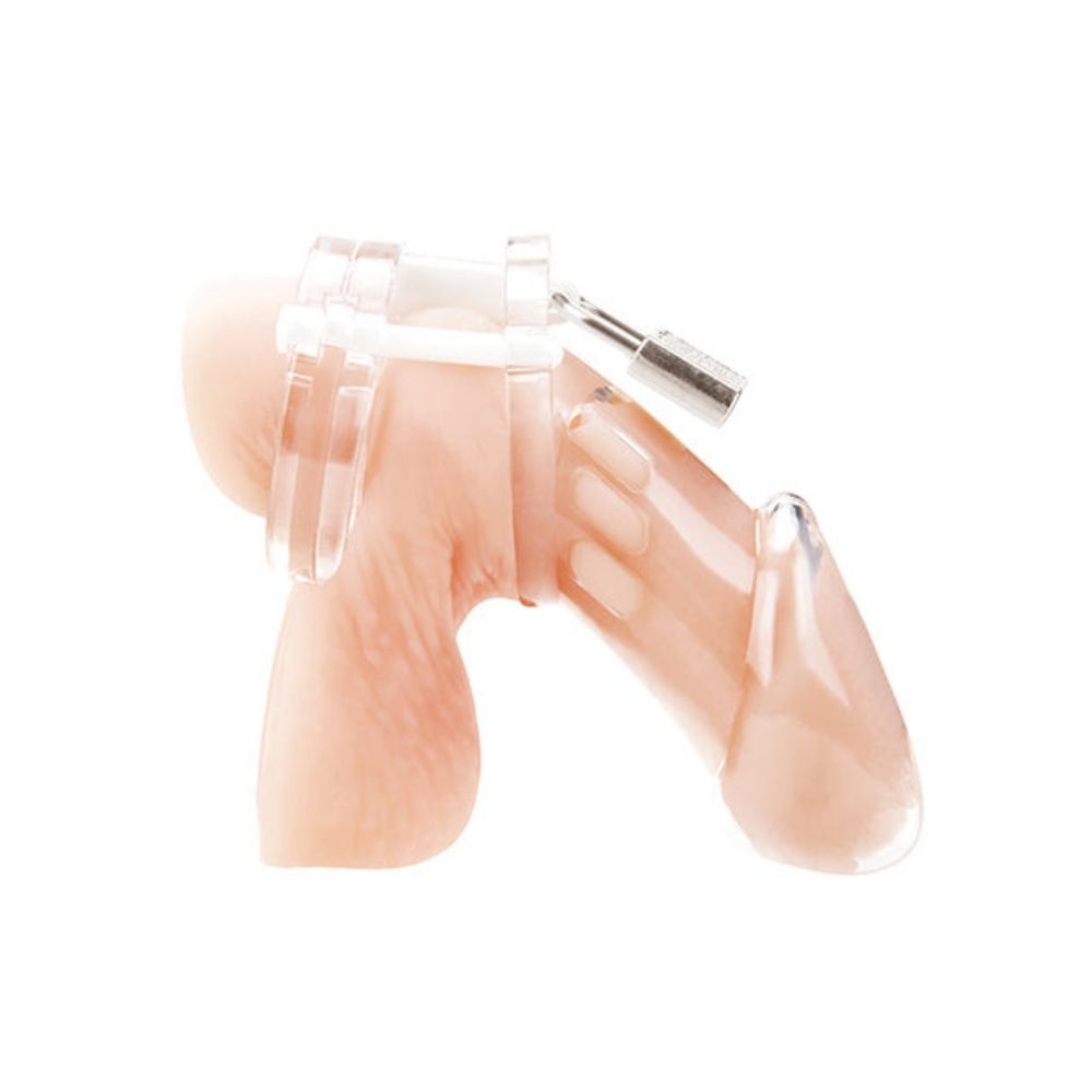 Acrylic See Thru Chastity Cage view from the side when placed on the penis