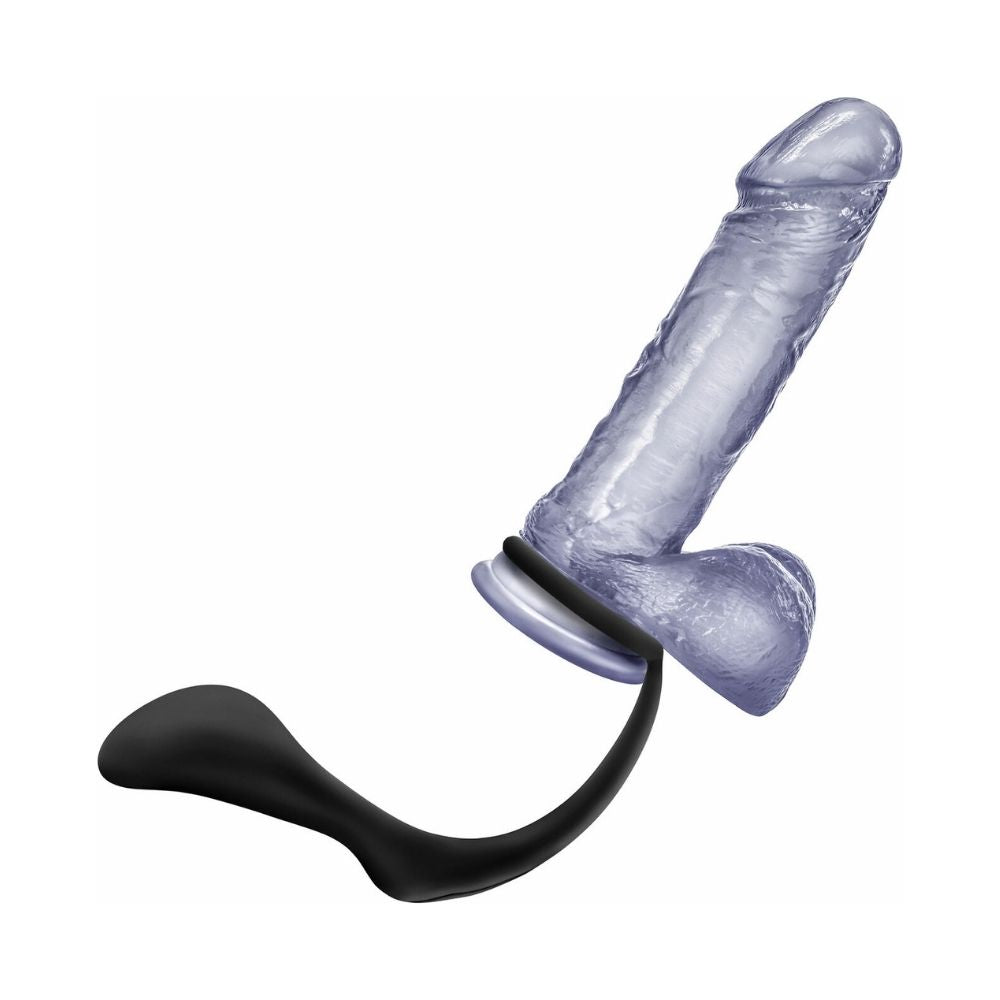 Anal Adventures Platinum Cock Ring attached to a penis shaped dildo to show how it works