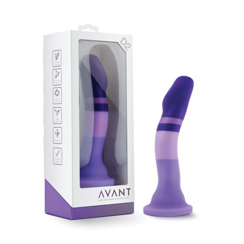 Avant D2 Purple Rain standing upright on suction cup base both inside the box it comes in and outside of it