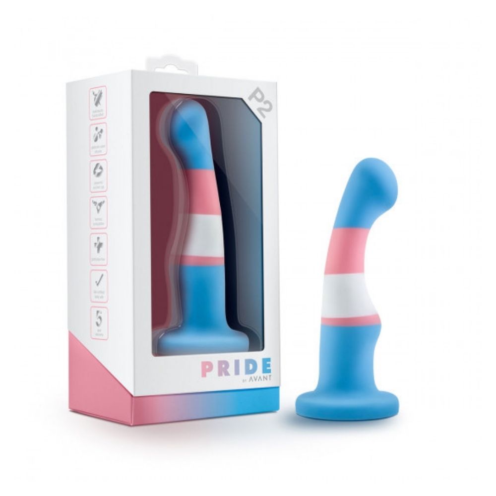 Avant Pride P2 Trans standing upright on its suction cup base both inside the box it comes in and outside of it