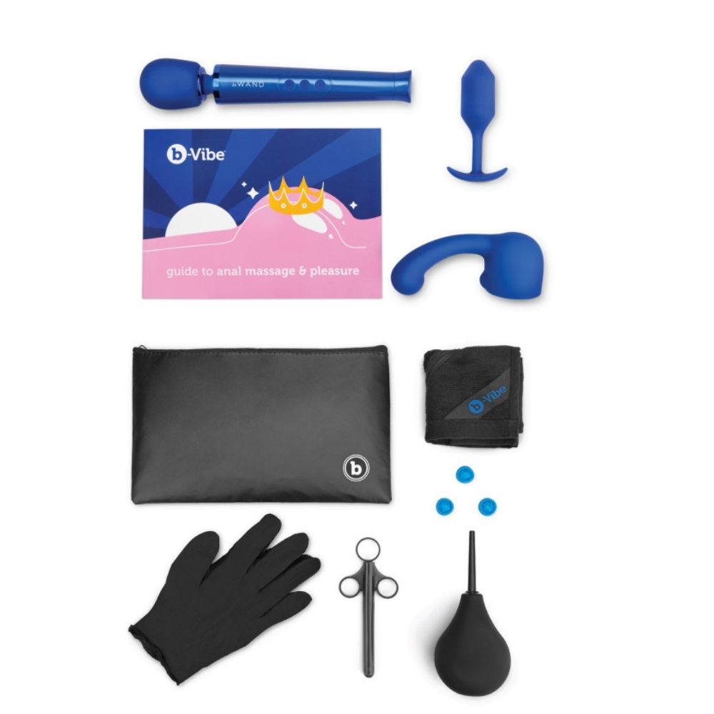 All the toys, products and accessories included in the B-Vibe Anal Massage & Education Set kit