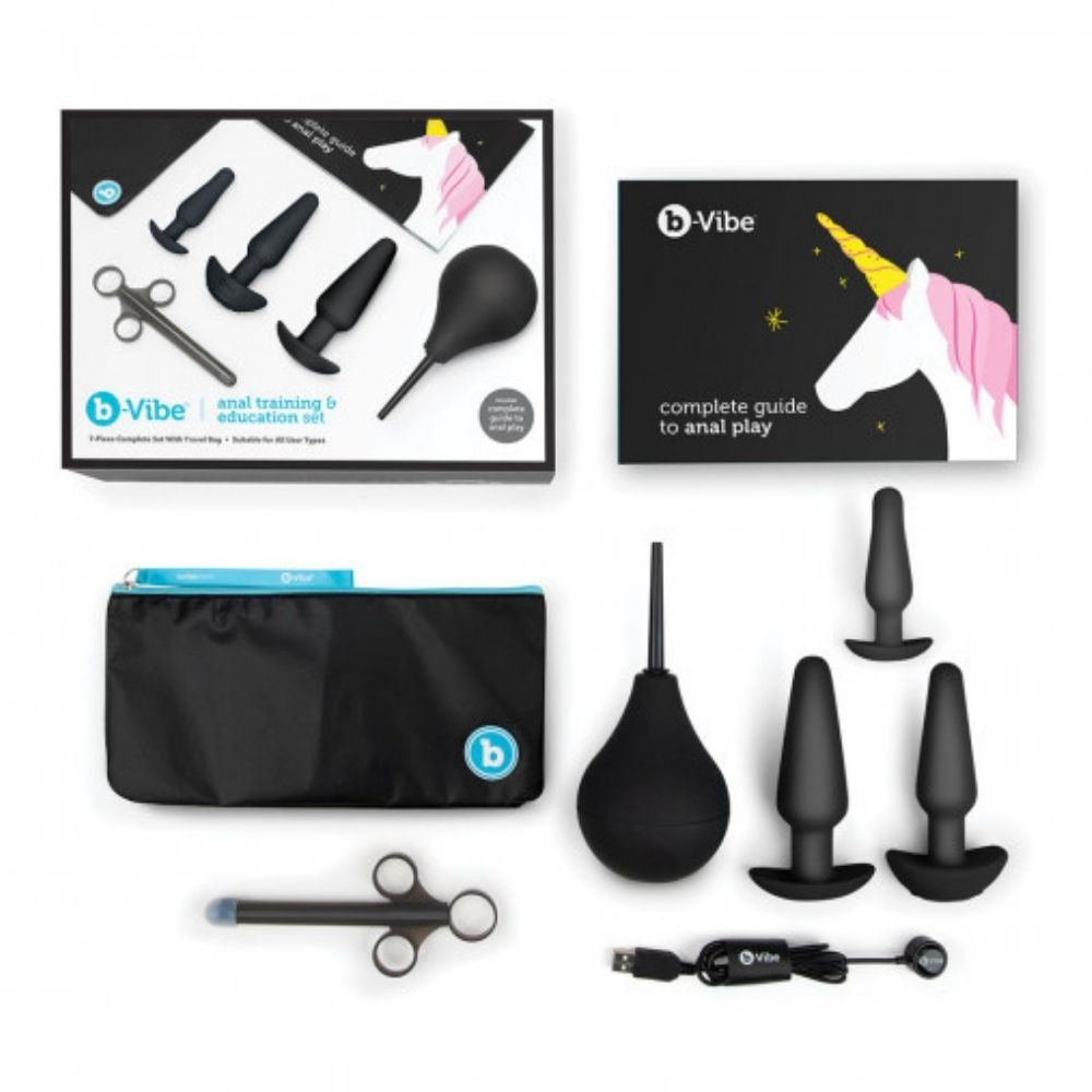 B-Vibe Anal Training Set box, user guide, travel bag, anal enema, small, medium, and large plugs, lube applicator and charging cable