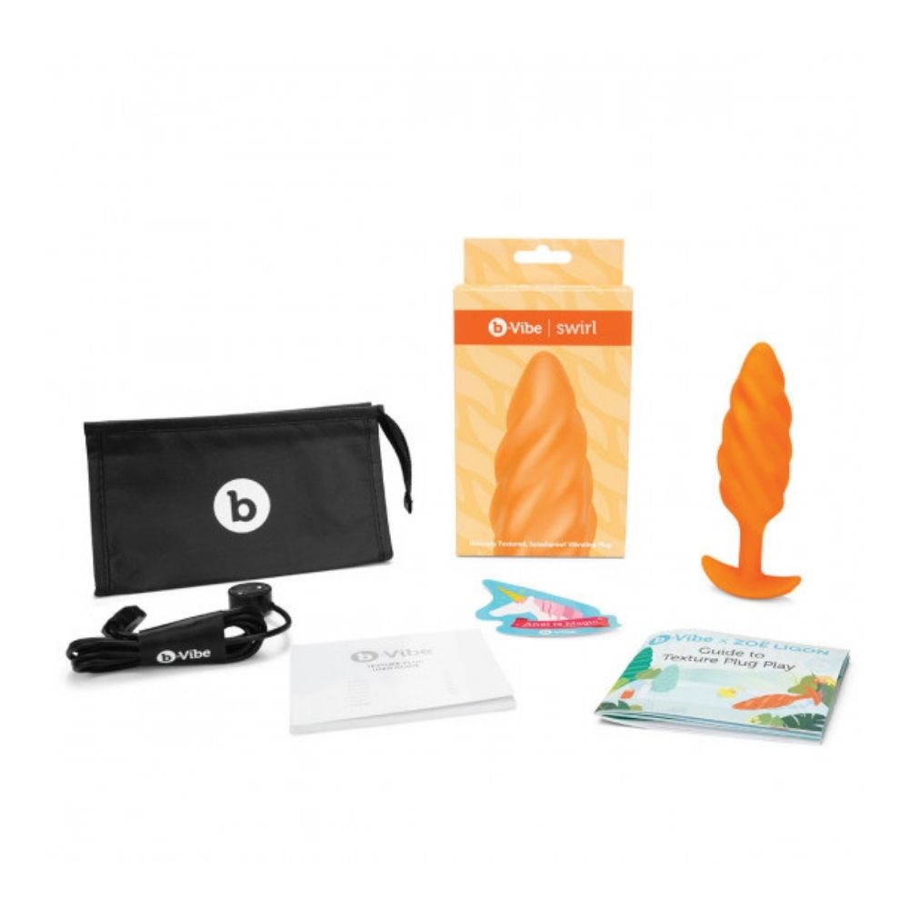 B-Vibe Texture Plug Swirl Orange (Medium) box and its contents including the plug, charger, travel bag, and user guide