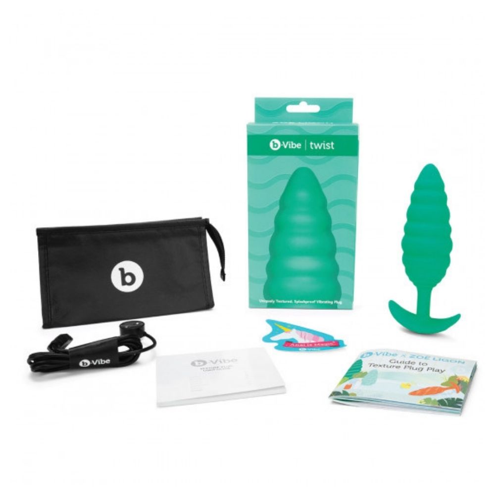 B-Vibe Texture Plug Twist Green (Large) box and its contents including the plug, charger, travel bag and user guide