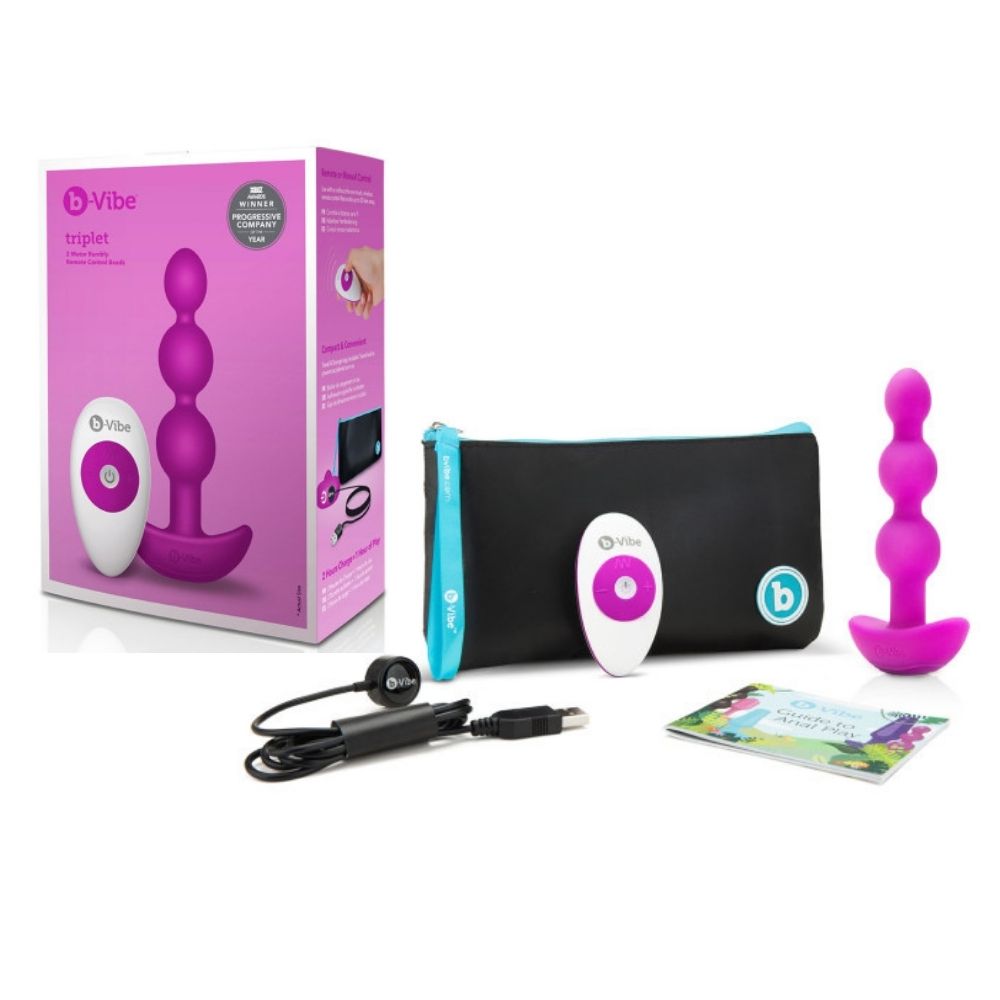 B-Vibe Triplet Beads box and its contents including the beads, remote control, charger, travel bag and user guide