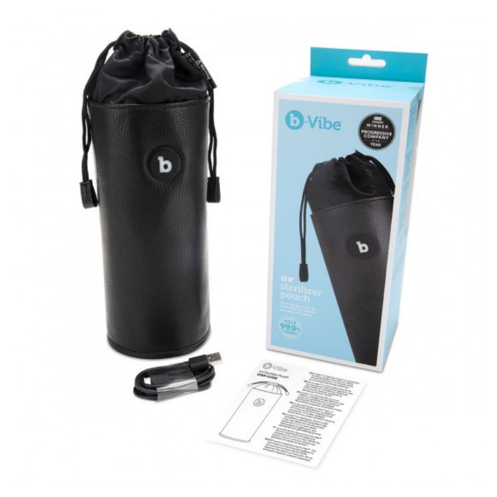 B-Vibe UV Sterilizer Pouch box and all its contents including the pouch, charging cable and user guide