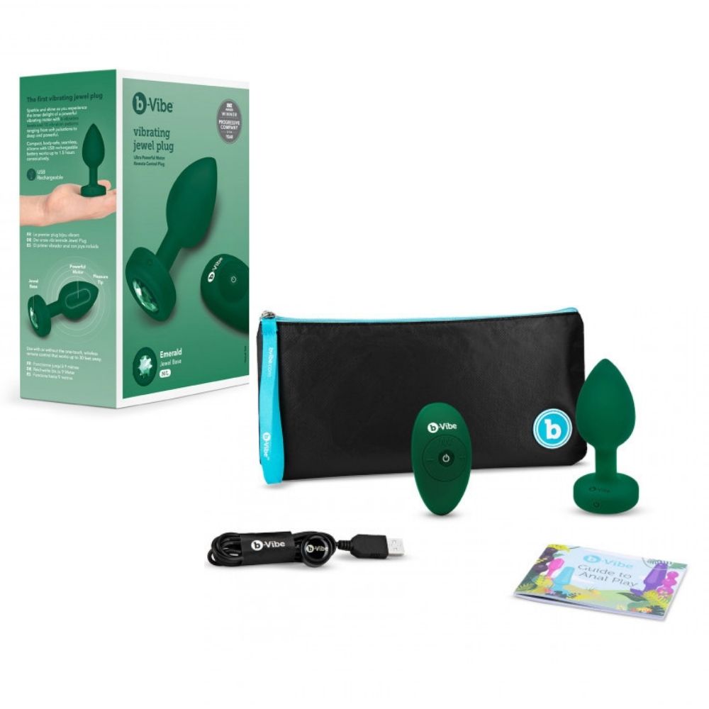 Emerald B-Vibe Vibrating Jewel Plug Medium/Large box and all the contents inside it, including the plug, remote control, charger, travel bag and user guide