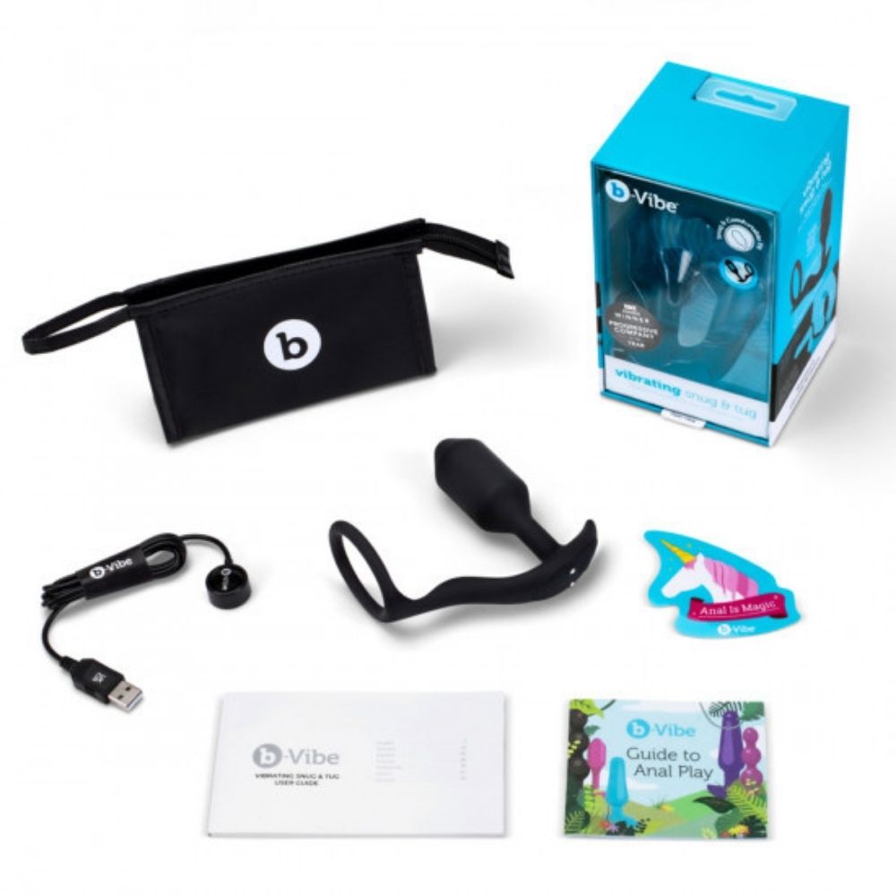 B-Vibe Vibrating Snug & Tug box and everything that is included, being the toy, charger, travel bag and user guide