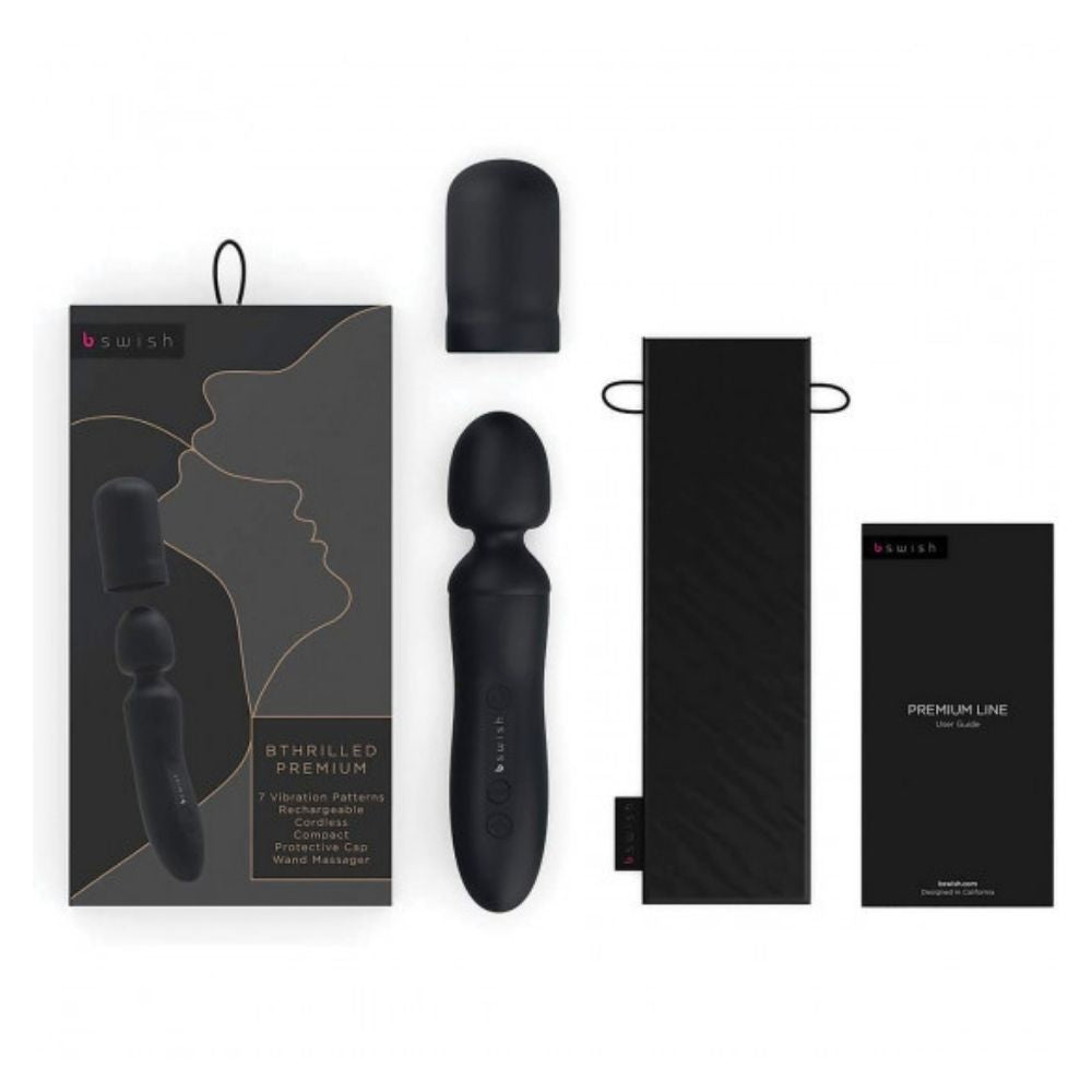 B Swish Bthrilled Premium Noir box and its contents, which include the toy, protective cap, storage bag and user guide
