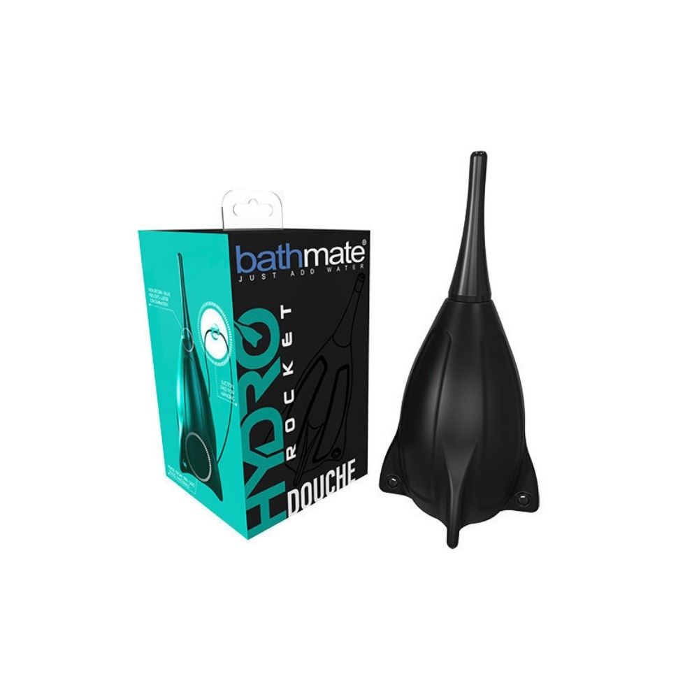 Bathmate Hydro Rocket Douche beside the box it comes in