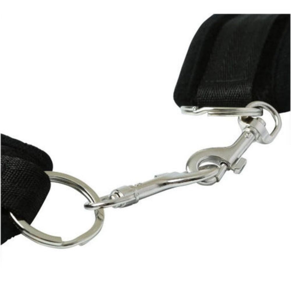 Closeup of the easy-release metal snap links on the Beginner's Handcuffs