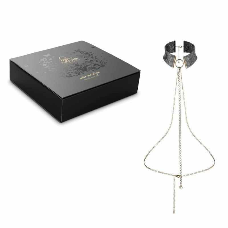 Black Bijoux Indiscrets Desir Metallique Collar beside the box it comes in 