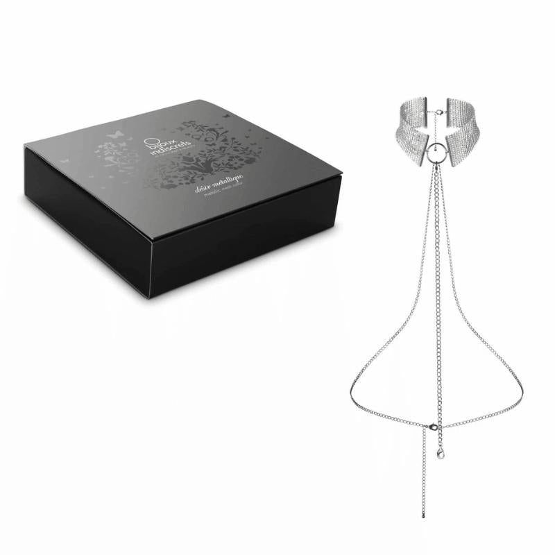 Silver Bijoux Indiscrets Desir Metallique Collar beside the box it comes in