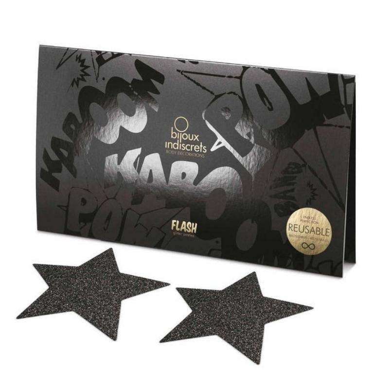 Black star Bijoux Indiscrets Flash Pasties in front of the box they come in