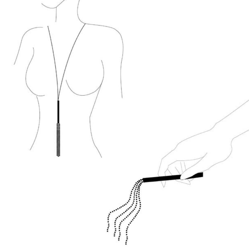 Diagram of how the Bijoux Indiscrets Magnifique Chain Necklace Whip can be worn as a necklace and used as a whip 