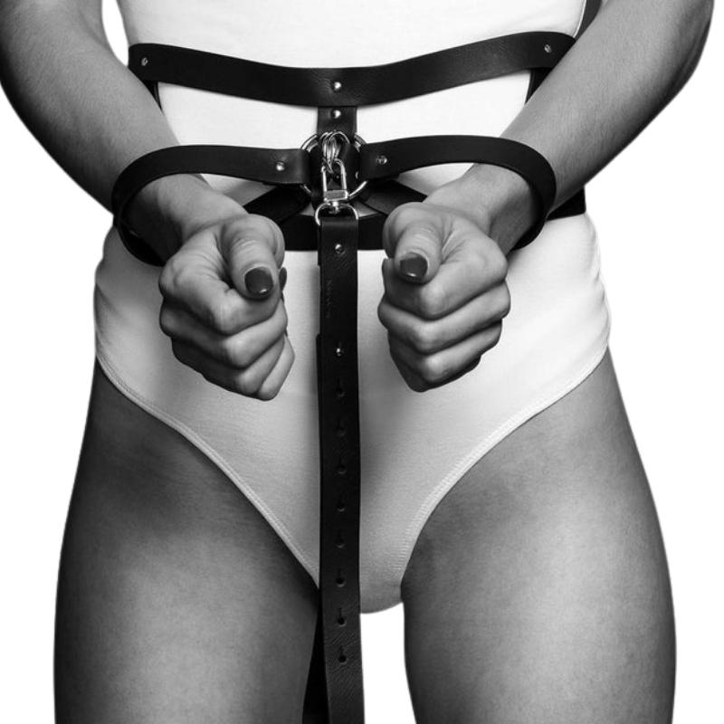 Bijoux Indiscrets Maze Wide Belt Restraints worn with the belt and the restraints attached to the wrists