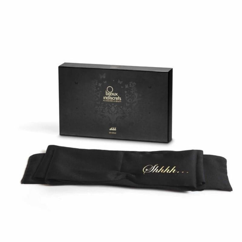 Bijoux Indiscrets Shhh Satin Blindfold in front of the box it comes in