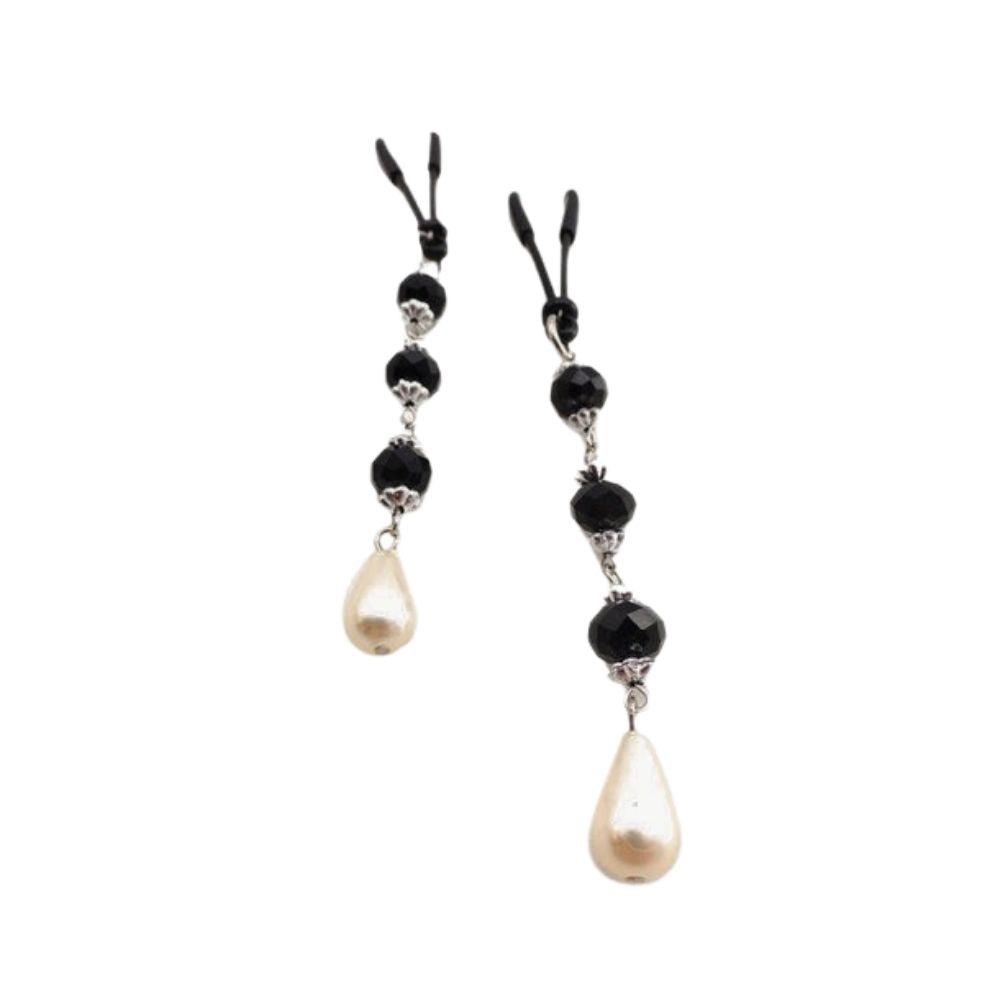 Bijoux de Nip Pearl Black Beads showing the clamps at the top and the dangling beads at the bottom