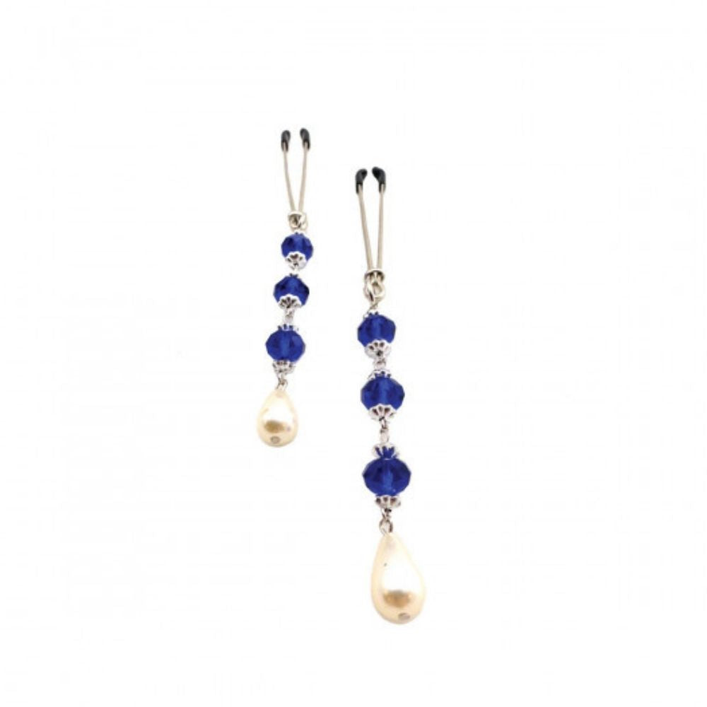 Bijoux de Nip Pearl Dark Blue Beads showing the clamps at the top and the dangling beads at the bottom