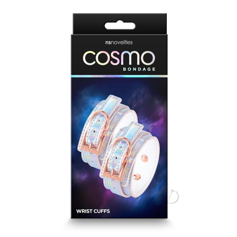 The packaging for the Cosmo Bondage Wrist Cuffs Rainbow