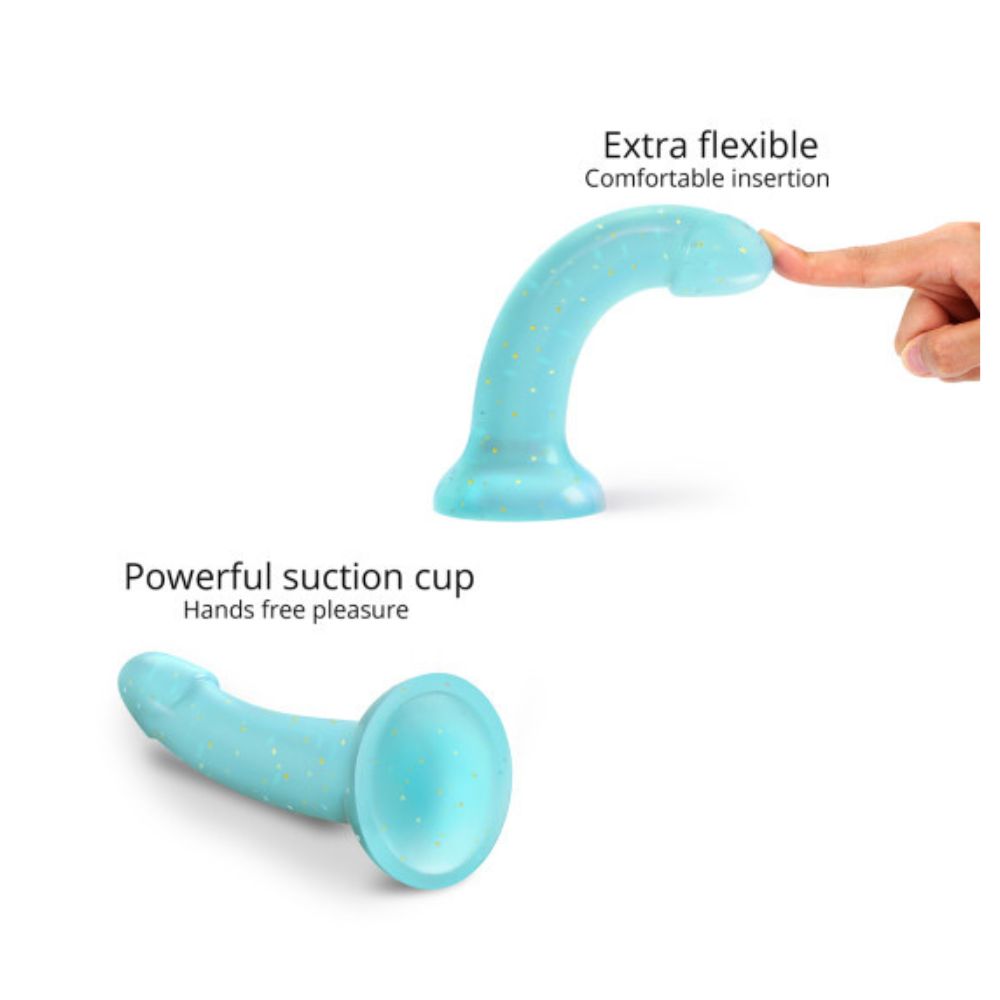 DilDolls diagram showing its flexibility with a finger pusing down its tip, and its suction cup base