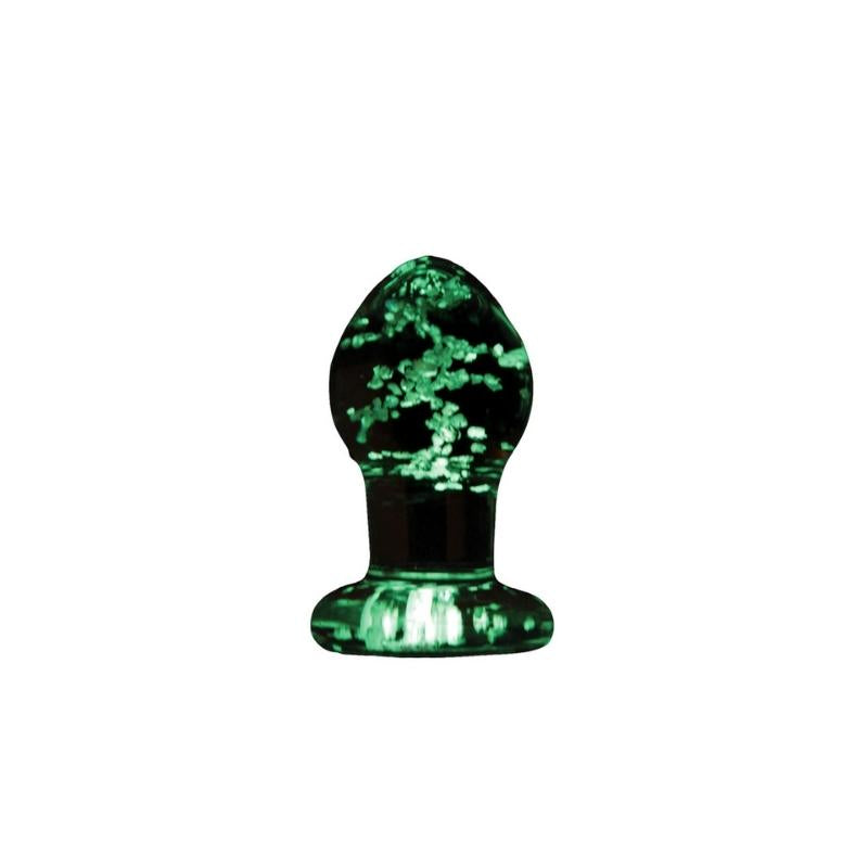 Small glow in the dark Firefly Glass Plug standing on base