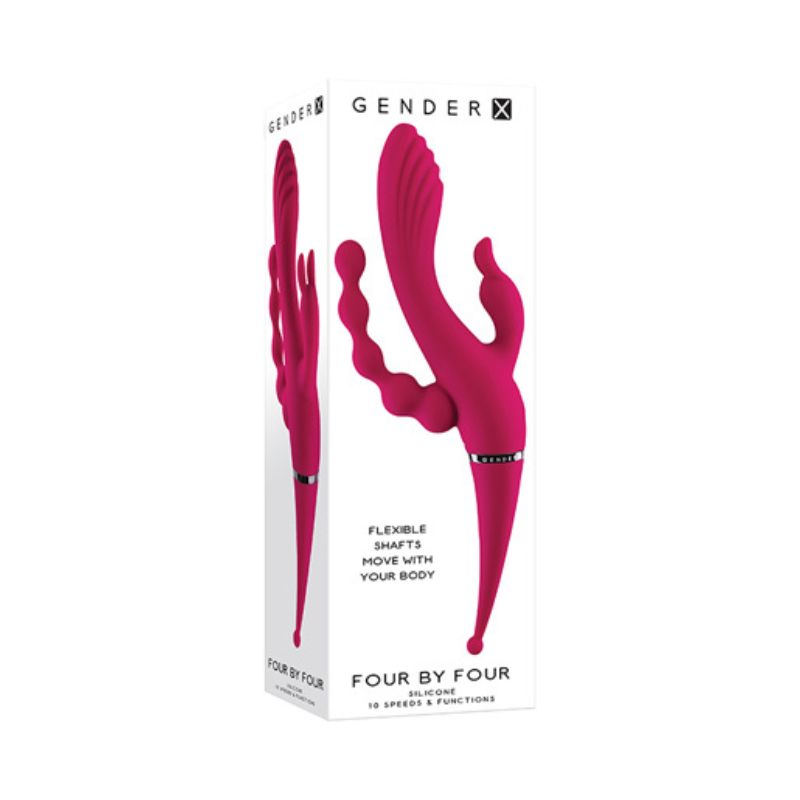 The box that the Gender X Four By Four Multi Stimulator comes in standing upright 