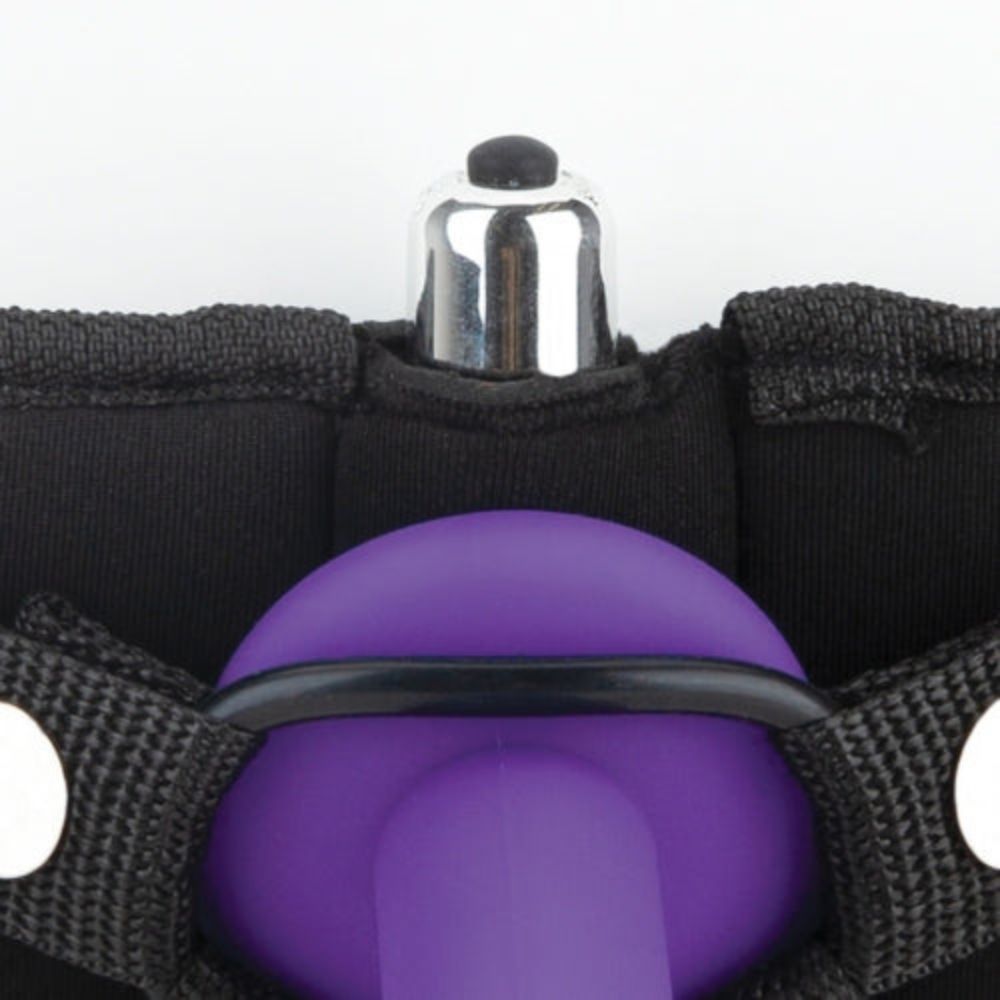 Close up of the pocket for the bullet vibe on the harness of the Lux Fetish Strap-On Harness 5 in. Dildo Set