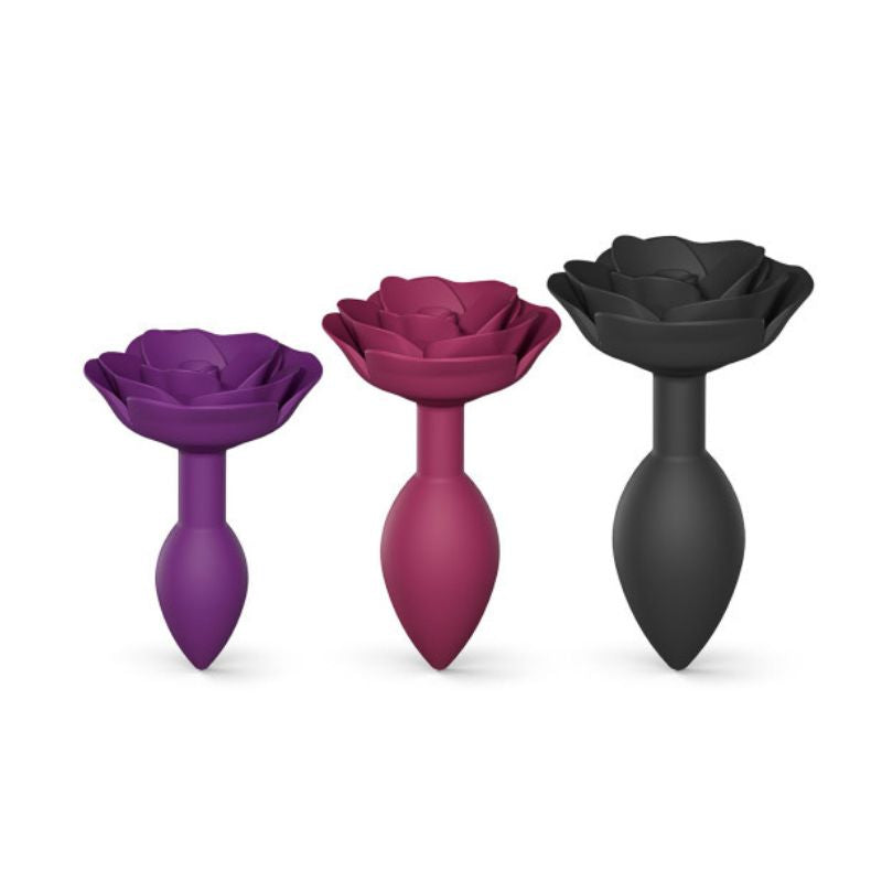 All three sizes of the Open Roses By Love to love from the small on the left, to the large on the right. Insertion tip facing downward with the rose shaped base facing the top