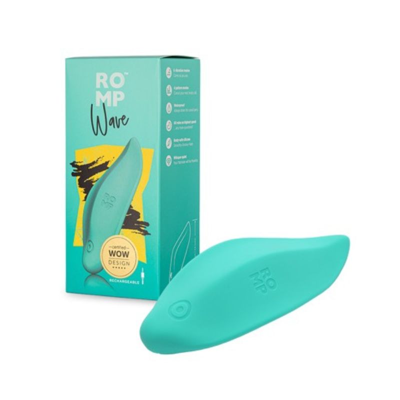 ROMP Wave Lay-On Vibrator Mint in front of the box it comes in