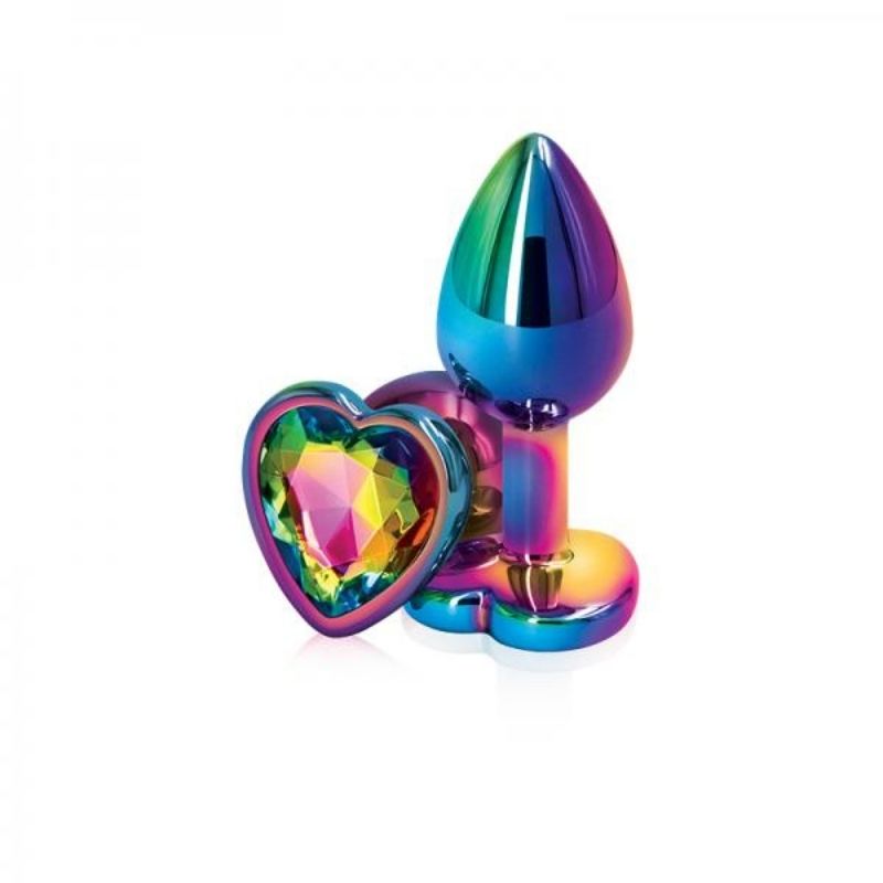 2 Rear Assets Mulitcolor Heart Medium Rainbow plugs, one positioned on side showing the rainbow heart base, the other standing upright on base