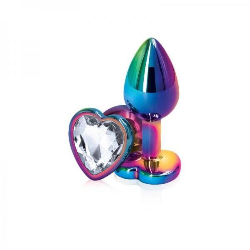 2 Rear Assets Mulitcolor Heart Small Clear plugs, one positioned on side showing the clear heart base, the other standing upright on base 
