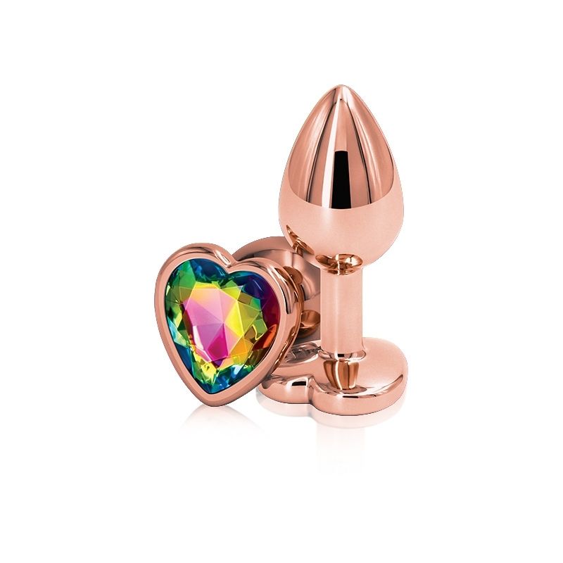 2 Rear Assets Rose Gold Heart Medium Rainbow plugs, one positioned on side showing the rainbow heart base, the other standing upright on base