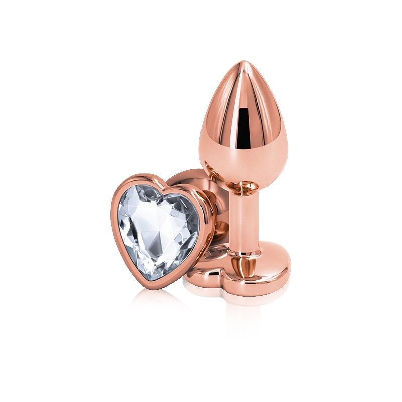 2 Rear Assets Rose Gold Heart Small Clear plugs, one positioned on side showing the clear heart base, the other standing upright on base