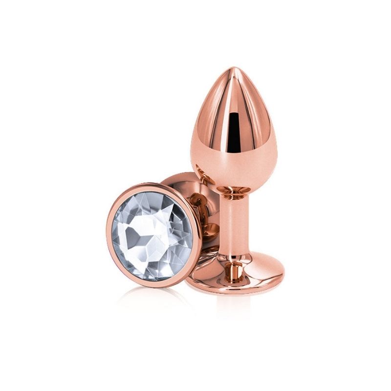 2 Rear Assets Rose Gold Medium Clear plugs, one positioned on side showing the clear base, the other standing upright on base