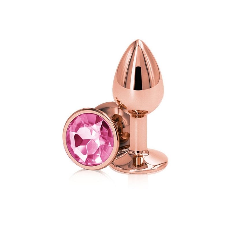 2 Rear Assets Rose Gold Medium Pink plugs, one positioned on side showing the pink base, the other standing upright on base