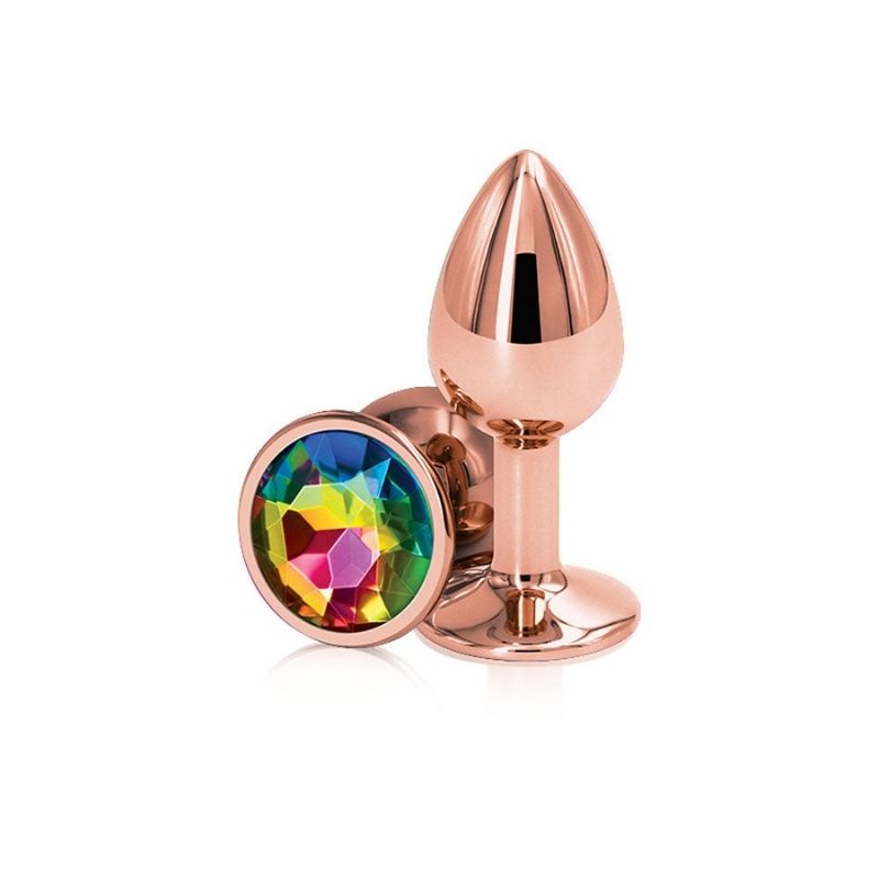 2 Rear Assets Rose Gold Medium Rainbow plugs, one positioned on side showing the rainbow base, the other standing upright on base
